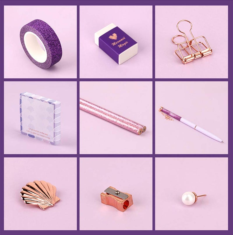 MultiBey Cute Stationery Set Ballpoint Pen Pencils Washi Tape Eraser Pearl Push Pins Sticky Note Pads Rose Gold Binder Clips Purple Mermaid Office School Desk Supplies Kit Gift for Women - Image 3